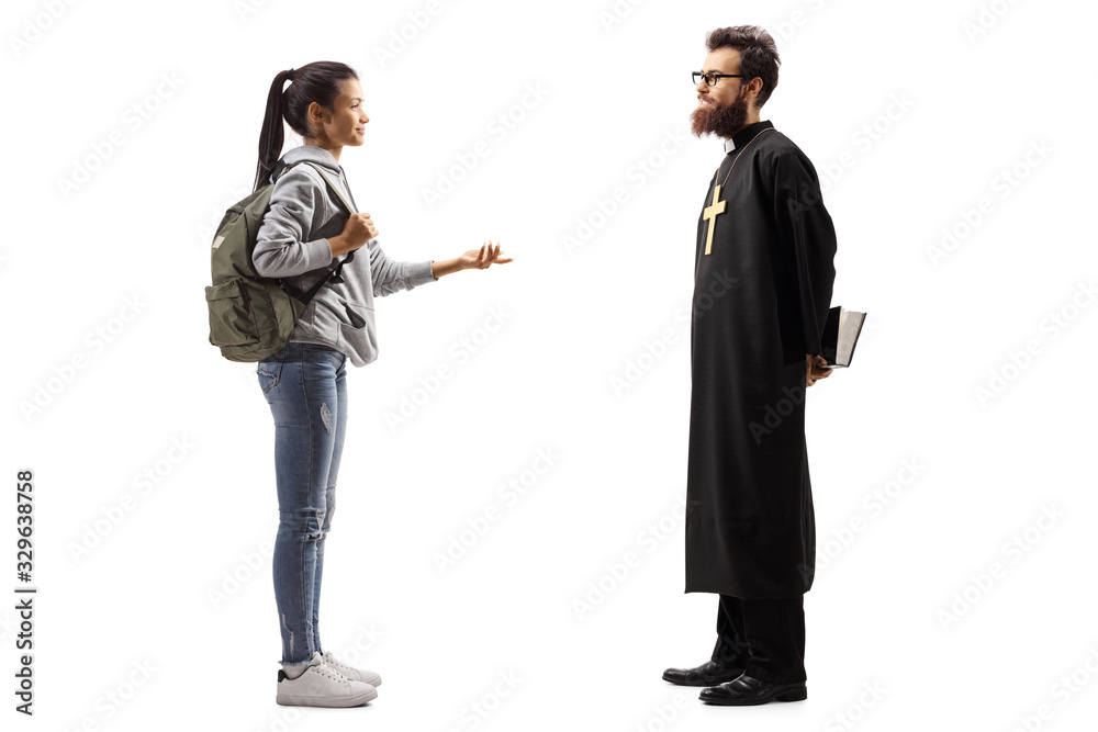 Female student talking to a priest Female student talking to a priest