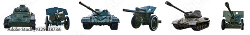 Collage of old military equipment tanks and artillery guns on an isolated white background photo