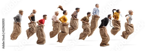 Photography Many people playing a gunny race and jumping with sacks
