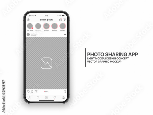 Instagram Photo Sharing Mobile App UI and UX Concept Vector Mockup in Light Mode on Frameless Smart Phone iPhone Screen Isolated on White Background. Social Network Account Bright Design Template