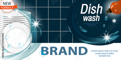 Dishwashing liquid products with plates stack. Package design realistic illustration. Dish wash advertisement poster layout or banner. Vector