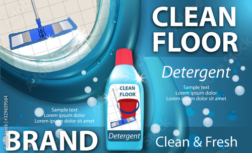 Disinfectant cleaner for washing floors. Clean floor shiny. Mop cleaning. Package design realistic illustration water splash. Advertisement poster layout or banner.