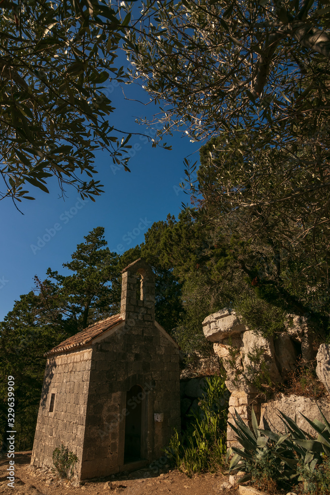 small chapel at the Benedictine Monastery on St. Mary Island at the Veliko Jezero, large lake, Mljet National Park, Mljet Island, Dubrovnik-Neretva, Dalmatia, Croatia