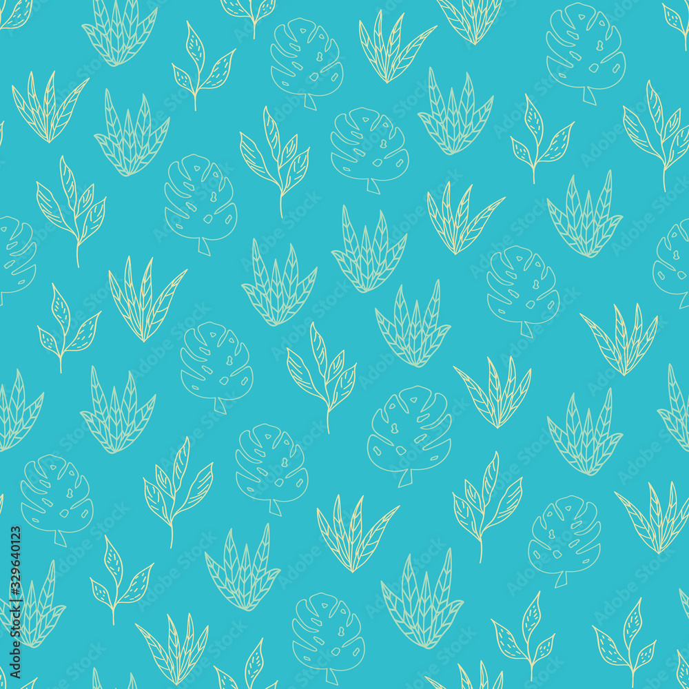 Vector blue monochrome tropical leaves seamless pattern background