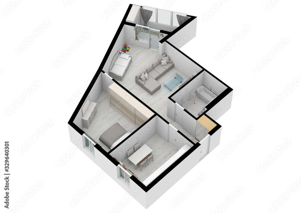 Render floor plan. Living space with using colors and textures. Floor ...