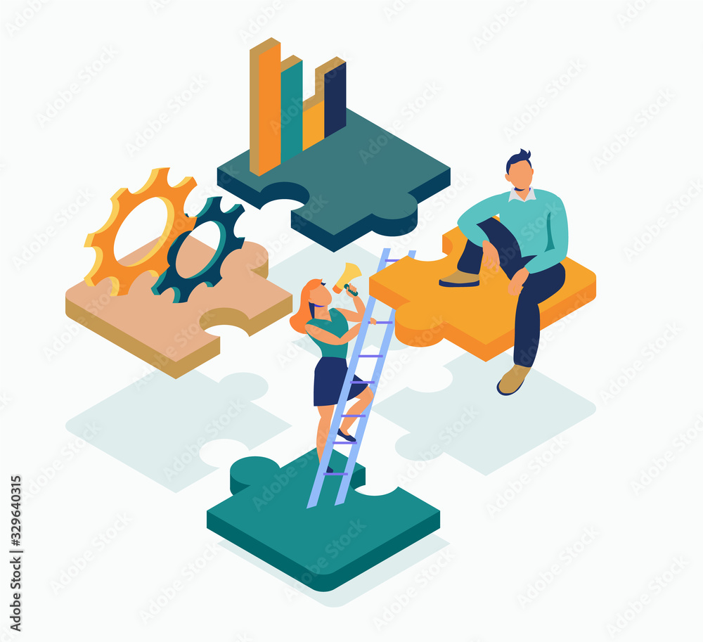 Isometric puzzle of four piece flat illustration. Isolated on a white background. Work in the company, financial concept for solving problems. Teamwork.
