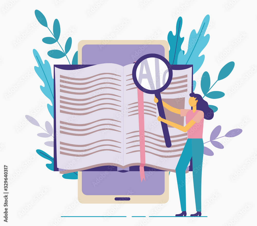 Book in the smartphone. Reading from the gadget. Gaining knowledge and leisure. Girl with a magnifying glass on a background of leaves. Flat illustration isolated on a white background.