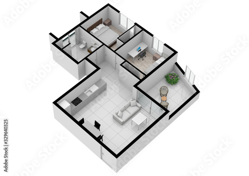 Living space with using colors and textures. Floor plan top view. 3d. © Ruslan