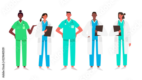 Set of doctors characters. Medical team concept in vector illustration design. Medical staff doctor nurse therapist surgeon professional hospital workers, group of medics.