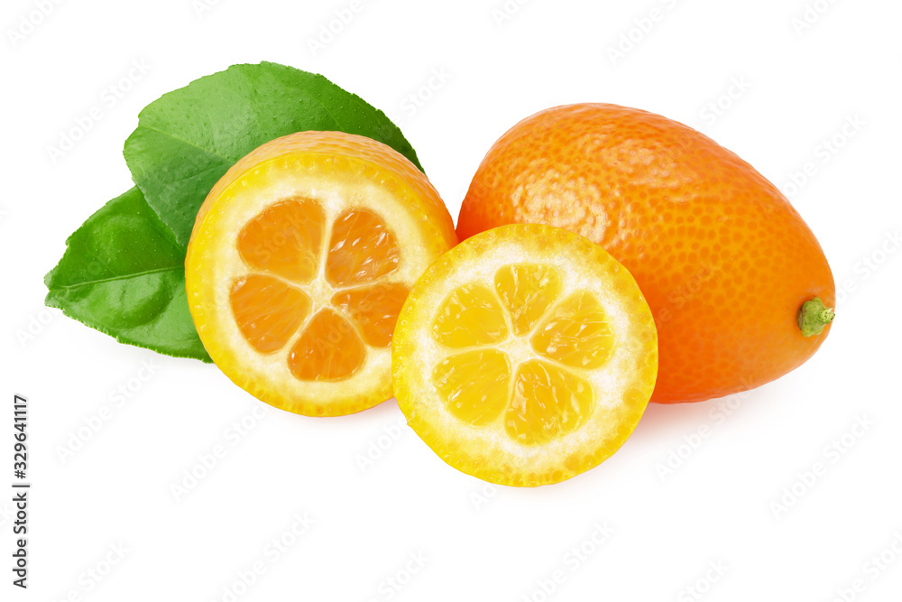 Cumquat or kumquat with green leaves and slices isolated on white background Cumquat or kumquat with green leaves and slices isolated on white background