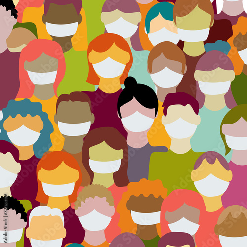 Crowd with mask for Coronavirus epidemic. Workers group. Vector background