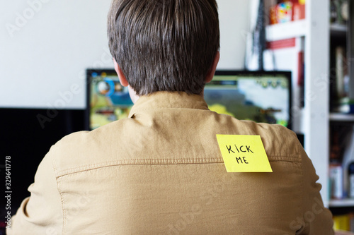 April 1 is day of fools.Funny day.April fish.Practical jokes.Inscriptions on the back.Stickers with jokes.Trick at work. Cheerful colleagues.Glued leaf on back.Colored stickers with inscriptions.