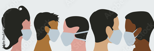 Crowd with mask for Coronavirus epidemic. Workers group. Vector banner background