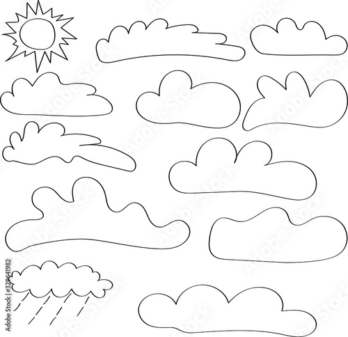 Doodle clouds with a black outline, a template for children's coloring. One line drawing for landscape designers or magazines.