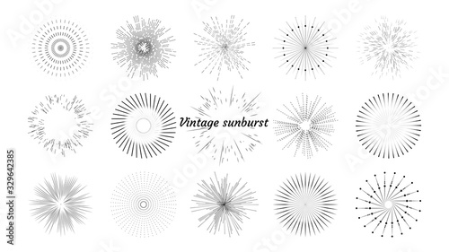 Vintage set of sun rays, light rays, sun rays. Design elements, linear drawing, vintage   style. Vector illustration