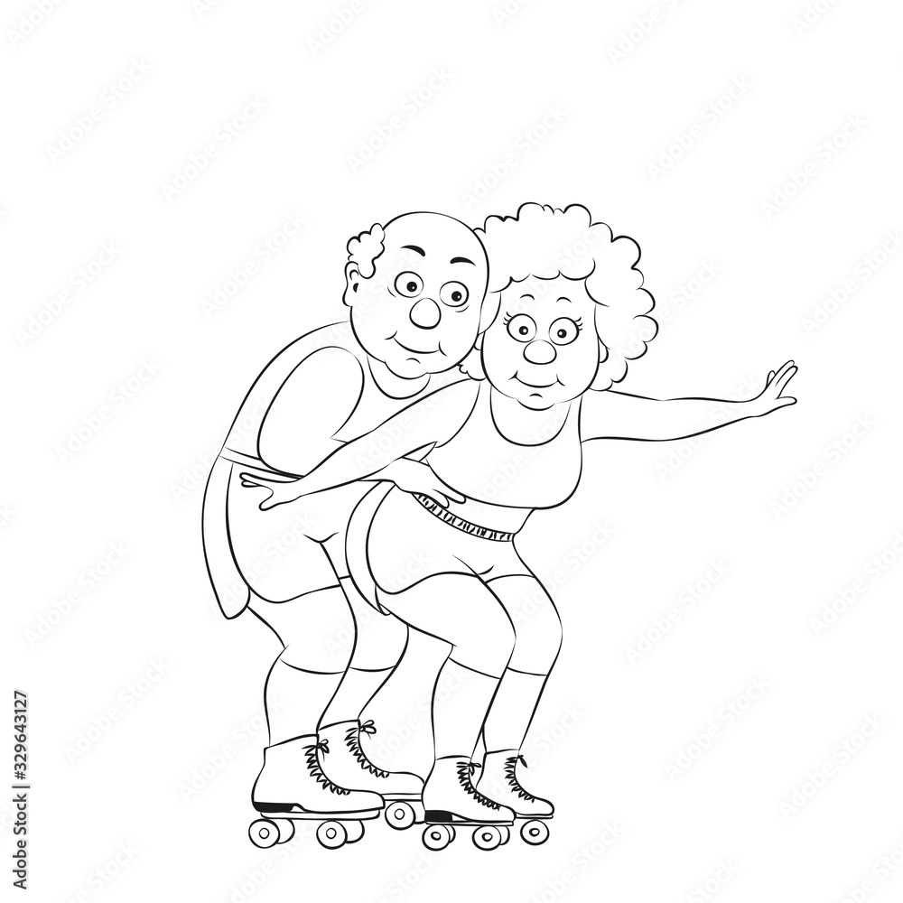 Vector illustration happy old man and woman roller skates . Active family holidays.Linear silhouette on a white background. Vector illustration happy old man and woman roller skates . Active family holidays.Linear silhouette on a white background.
