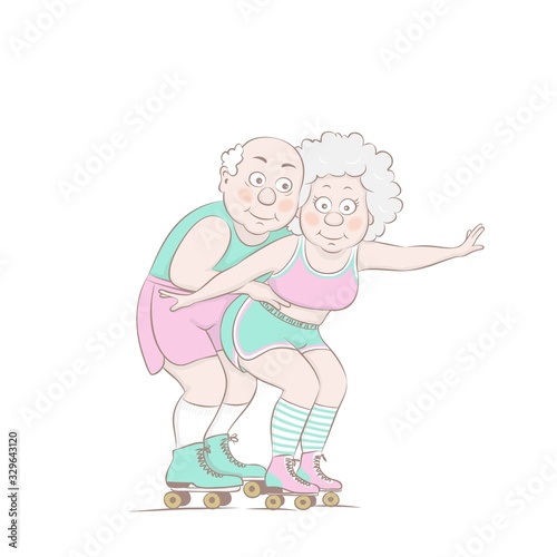Vector illustration happy old man and woman roller skates . Active family holidays.Cartoon design isolated on white background.
