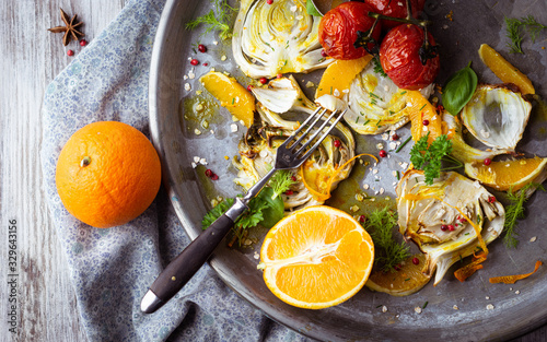 fennel and oranges served on a plate, top view, traditional Mediterranean recipe with light and bright colors