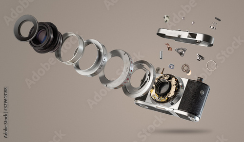 disassembled camera with pieces that jump, photomontage, with clear background and retro camera
