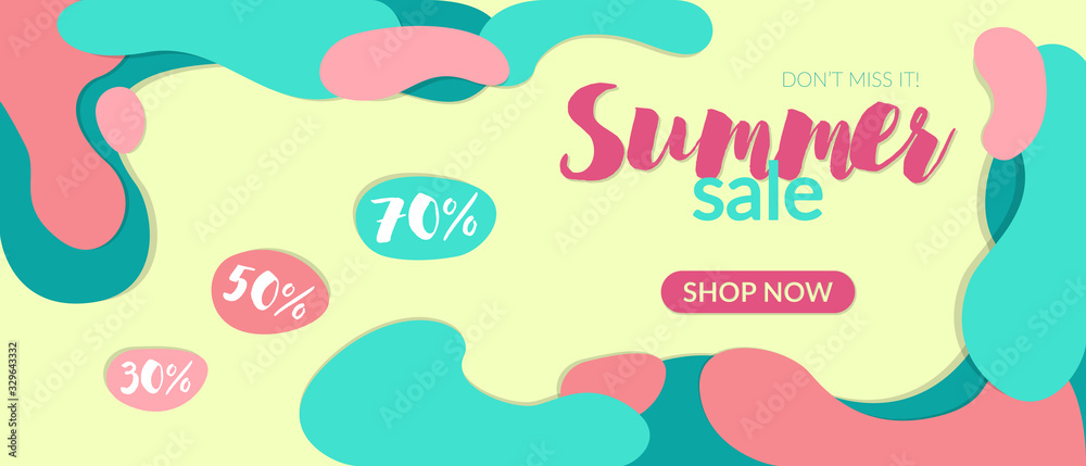 Vector banner for summer sale. Abstract flowing shapes, summer vibrant colors. Art paper style. Text with discounts, button to go to the page. Vector banner for summer sale. Abstract flowing shapes, summer vibrant colors. Art paper style. Text with discounts, button to go to the page.