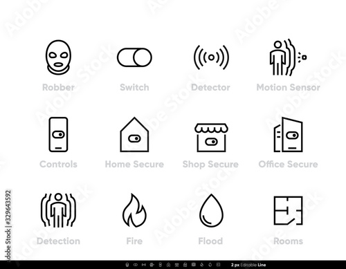 Robber Detectors and Security icons. Protection, Switch, Motion Sensor, Fire, Flood, Room, Control. Office, Home and Shop Secure Network Protection. Editable line vector set