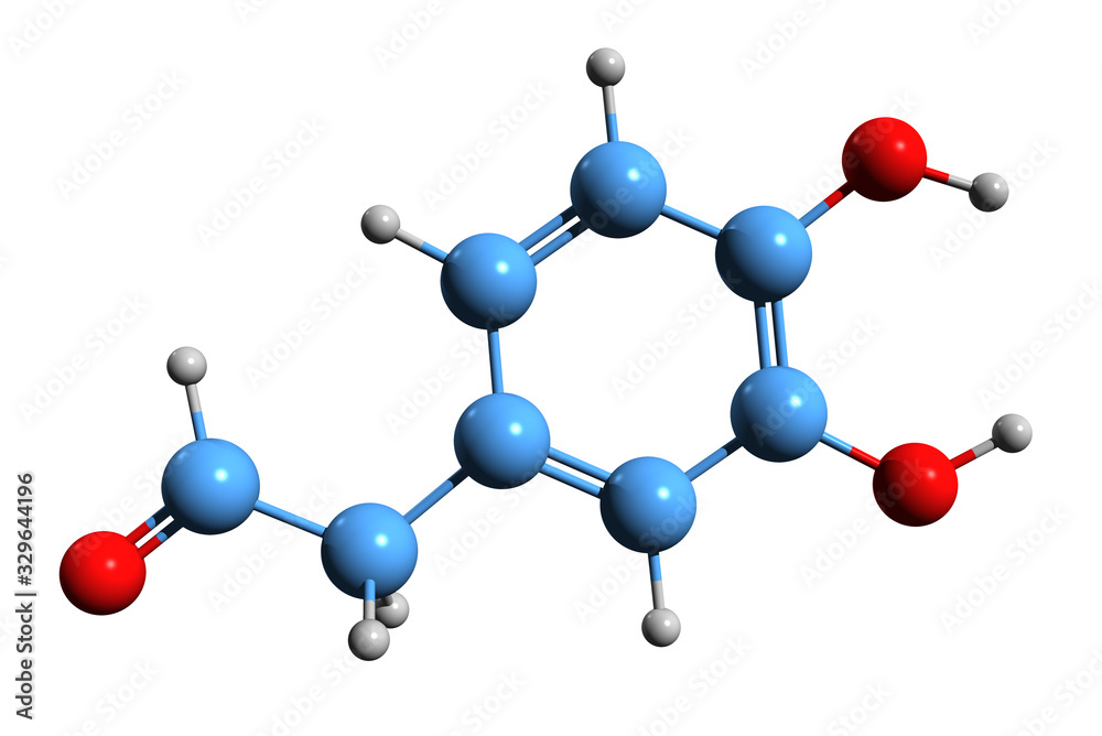 3D image of 3,4-Dihydroxyphenylacetaldehyde skeletal formula - molecular chemical structure of Dopaldehyde isolated on white background 3D image of 3,4-Dihydroxyphenylacetaldehyde skeletal formula - molecular chemical structure of Dopaldehyde isolated on white background