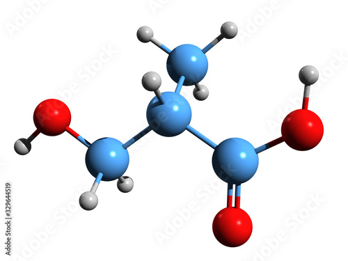 Fototapeta Naklejka Na Ścianę i Meble -  3D image of 3-Hydroxyisobutyric acid skeletal formula - molecular chemical structure of 3-Hydroxy-2-methylpropanoic acid isolated on white background