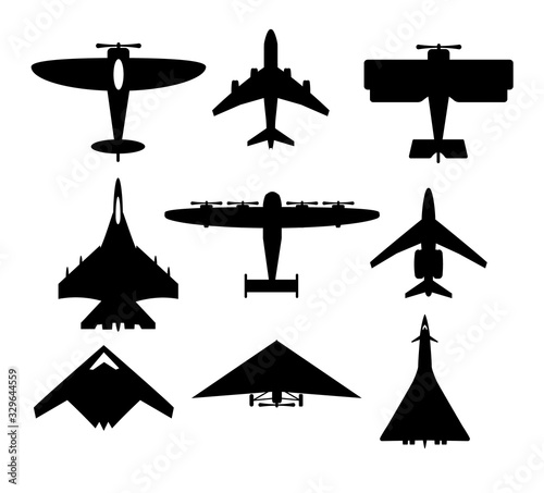 Set of airplanes silhouettes vector airplane icons passenger plane, fighter plane and screwvector illustration of aircrafts