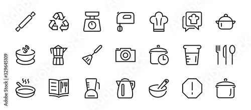 Set of icons for cooking and kitchen, vector lines, contains icons such as a knife, saucepan, boiling time, mixer, scales, recipe book. Editable stroke, perfect 480x480 pixels, white background