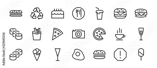 A simple set of fast food icons related to the vector line. Contains icons such as pizza, burger, sushi, bike, scrambled eggs and more. EDITABLE stroke. 480x480 pixels perfect, EPS 10