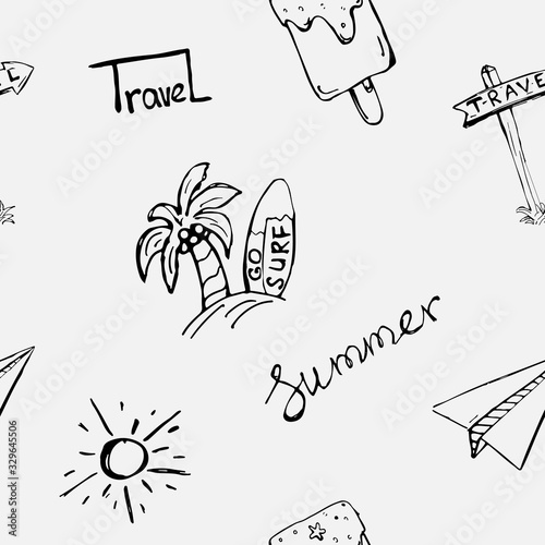 Summer seamless pattern. A seamless pattern with the words summer, a journey. Sun, ice cream, airplane, arrow with direction on the journey. Vector eps illustration.