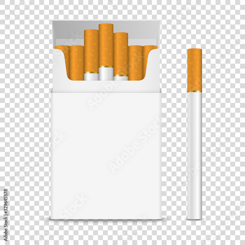 Vector Realistic Opened Clear Blank Cigarette Pack Box and Cigarette Set Closeup Isolated on Transparent Background. Design Template. Smoke Problem Concept, Tobacco, Cigarette Mockup. Front View