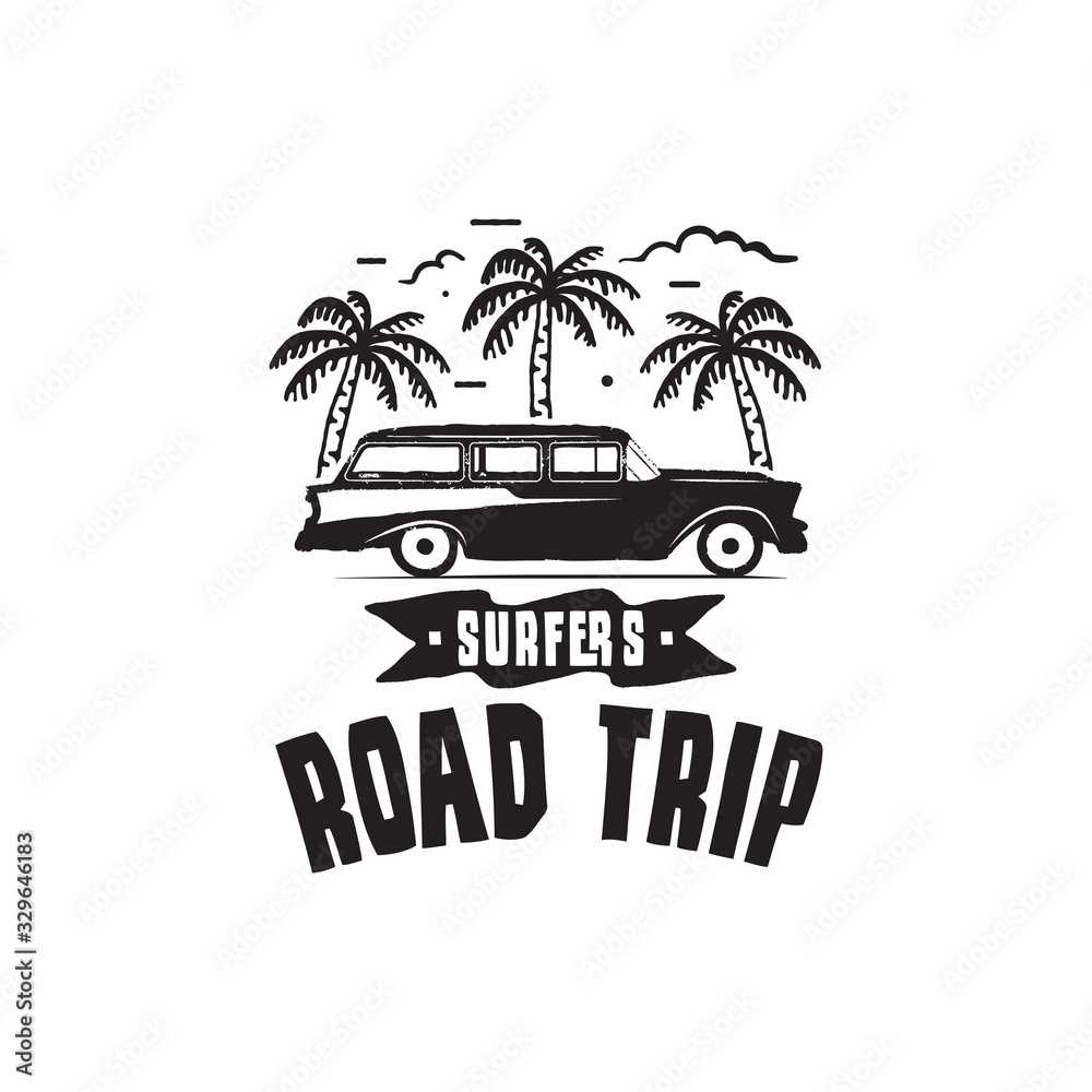 Vintage surf logo print design for t-shirt and other uses. Surfers Road Trip typography quote calligraphy and van car icon. Unusual hand drawn surfing graphic patch emblem. Stock