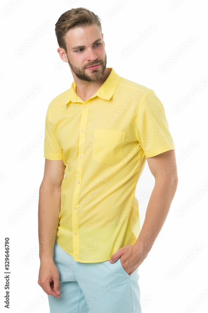 Spring collection. Casual style. Man posing confidently. Man attractive in casual shirt. Fashion model wear casual shirt. Feel comfortable in simple outfit. Casual comfortable outfit. Modern style Spring collection. Casual style. Man posing confidently. Man attractive in casual shirt. Fashion model wear casual shirt. Feel comfortable in simple outfit. Casual comfortable outfit. Modern style