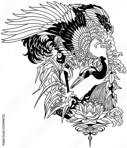 Japanese crane bird in the garden landscape with water lily flower. Black and white Tattoo. Graphic vector illustration