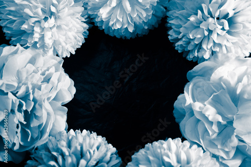 Beautiful abstract color purple and blue flowers on black background and blue graphic white flower frame and dark leaves texture  purple background  colorful graphics banner