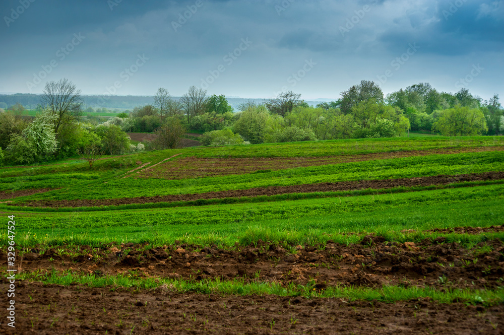 landscapes of farmland, arable land and green grass in the outskirts of the village