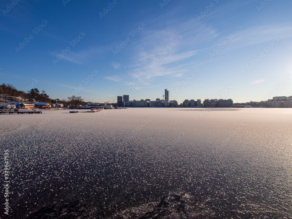frozen lake in the city