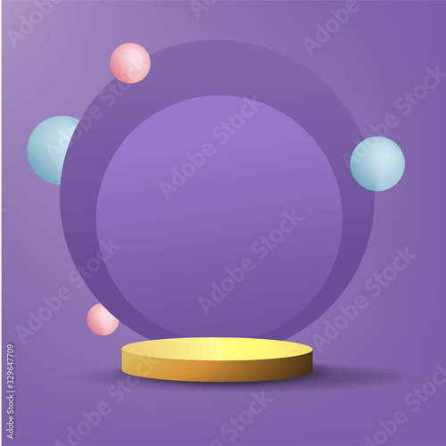 Metallic golden stage with floating geometrical forms  round platform  realistic minimal background  3d scene on light purple color for product presentation