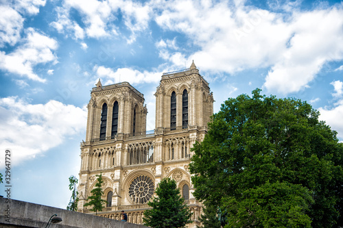 Notre Dame de Paris Cathedral. Cathedral in Paris. Famous Gothic cathedral. Architecture concept. Square chapels. Church suffered damage and deterioration through centuries. Restoration campaign