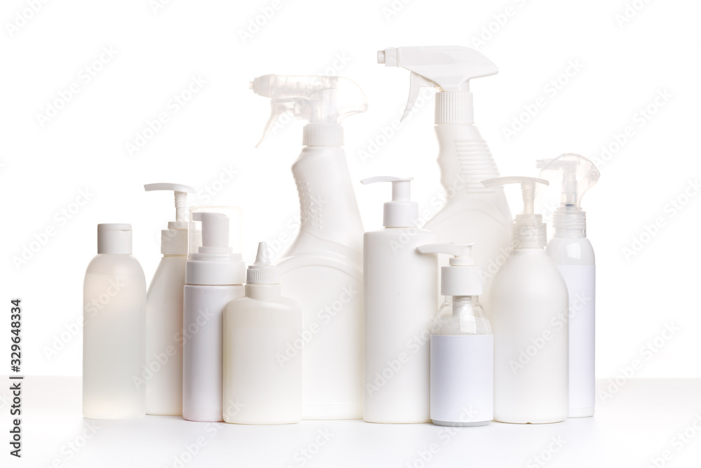 Cleaning product plastic white container for house clean on white table and isolated. household chemicals mock up Cleaning product plastic white container for house clean on white table and isolated. household chemicals mock up