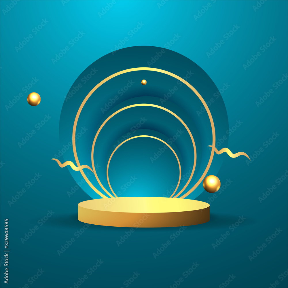 Fototapeta premium Metallic golden stage with floating geometrical forms, round platform, realistic minimal background, 3d scene in deep ocean blue