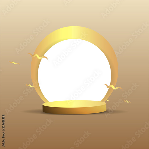 Metallic golden stage with floating geometrical forms, round platform, realistic minimal background, 3d luxury scene on beige mocha wall