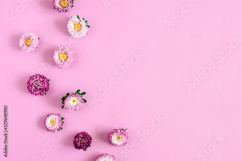 Beautiful flowers composition. Pink flowers on pastel pink background. Flat lay, top view, copy space