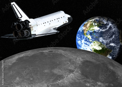 Fototapeta Naklejka Na Ścianę i Meble -  Space shuttle near the moon with earth on the background. Science fiction wallpaper. Elements of this image were durnished by NASA.