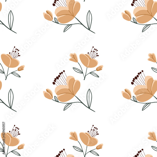 Seamless pattern with colorful hand drawn flowers. Original textile, wrapping paper, wall art surface design. Vector illustration. Floral simple minimalistic graphic design