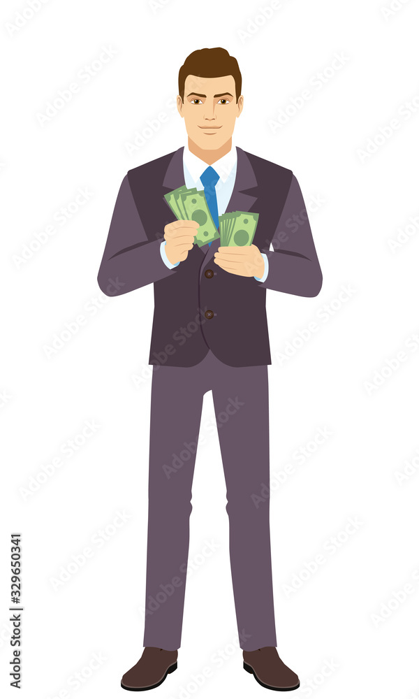 Smiling Businessman counts the money. Full length portrait of Businessman in a flat style. Smiling Businessman counts the money. Full length portrait of Businessman in a flat style.