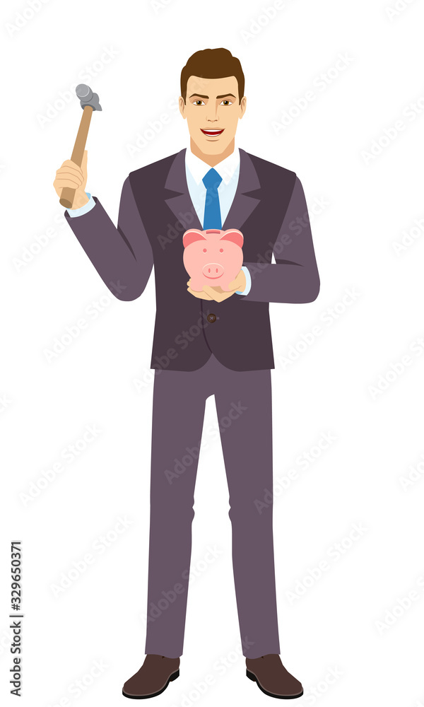 Smiling Business an trying to break a piggy bank with a hammer. Full length portrait of Businessman in a flat style. Smiling Business an trying to break a piggy bank with a hammer. Full length portrait of Businessman in a flat style.