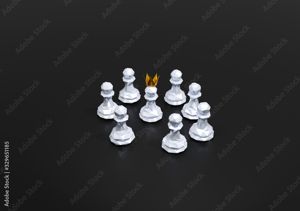 The idea is to pledge a white pawn be promoted to leadership with a golden crown on top. Lead the team to the intended destination. 3D rendering