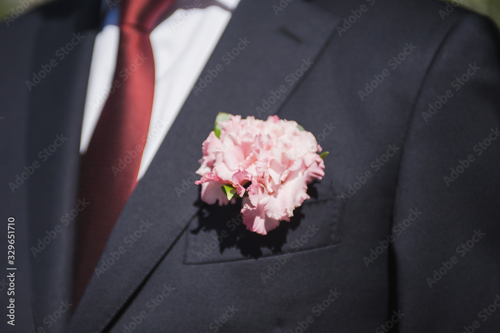 Red rose boutonniere in the pocket of the groom. The morning of the groom. Wedding preparation Red rose boutonniere in the pocket of the groom. The morning of the groom. Wedding preparation